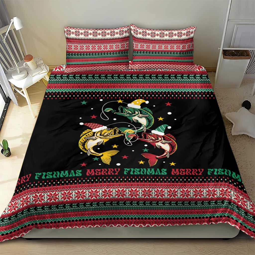 Funny Fishmas Bass Bedding Set Christmas Santa Hat Lights - Wonder Print Shop
