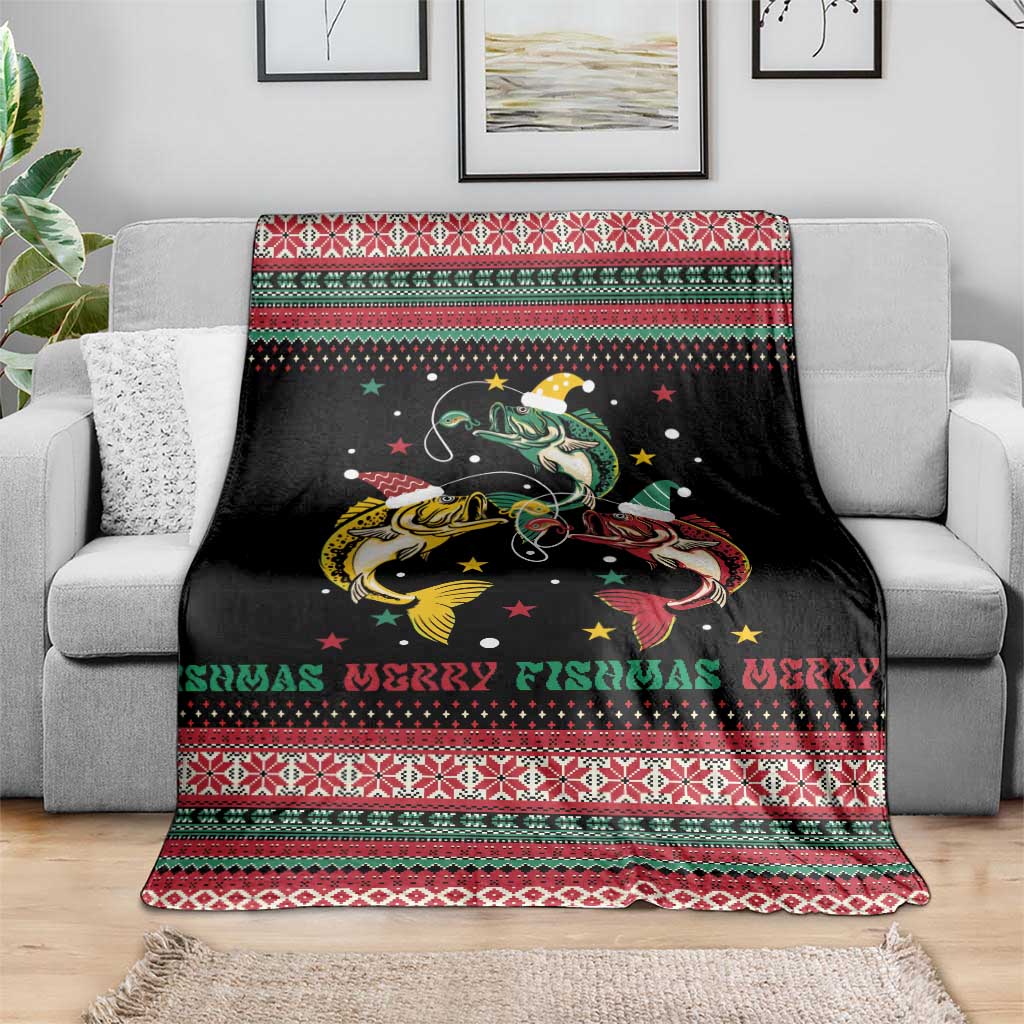 Funny Fishmas Bass Blanket Christmas Santa Hat Lights - Wonder Print Shop