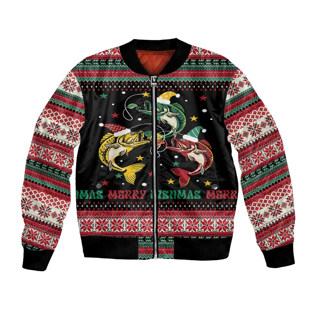 Funny Fishmas Bass Bomber Jacket Christmas Santa Hat Lights - Wonder Print Shop