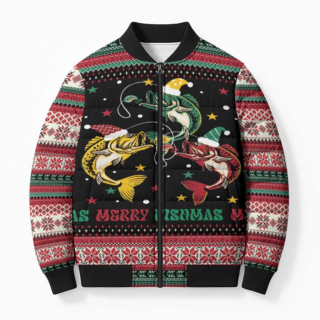 Funny Fishmas Bass Bomber Puffer Jacket Christmas Santa Hat Lights - Wonder Print Shop