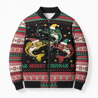 Funny Fishmas Bass Bomber Puffer Jacket Christmas Santa Hat Lights - Wonder Print Shop