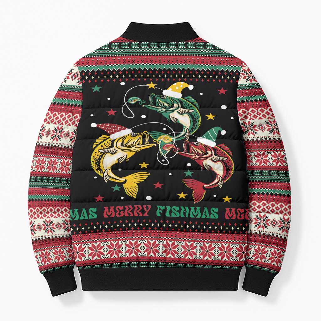 Funny Fishmas Bass Bomber Puffer Jacket Christmas Santa Hat Lights - Wonder Print Shop