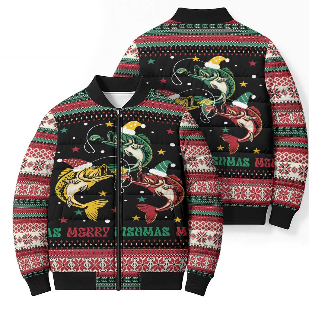 Funny Fishmas Bass Bomber Puffer Jacket Christmas Santa Hat Lights - Wonder Print Shop