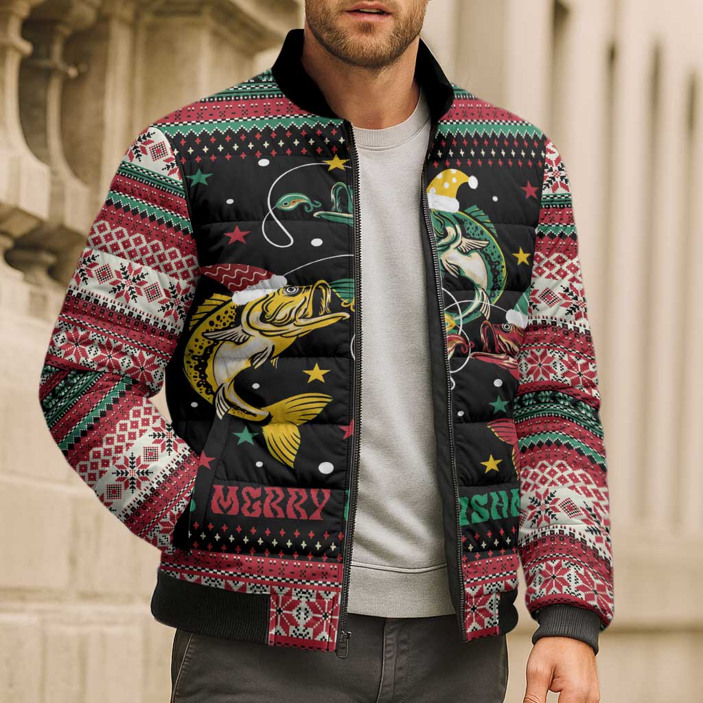 Funny Fishmas Bass Bomber Puffer Jacket Christmas Santa Hat Lights - Wonder Print Shop