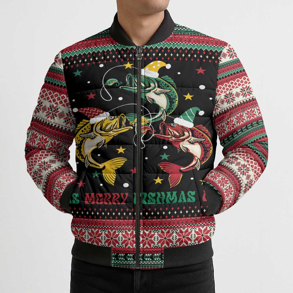 Funny Fishmas Bass Bomber Puffer Jacket Christmas Santa Hat Lights - Wonder Print Shop
