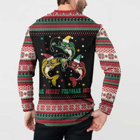 Funny Fishmas Bass Button Sweatshirt Christmas Santa Hat Lights - Wonder Print Shop
