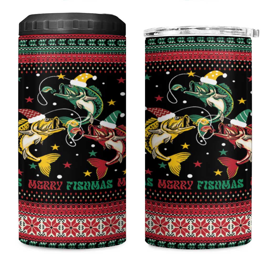 Funny Fishmas Bass 4 in 1 Can Cooler Tumbler Christmas Santa Hat Lights - Wonder Print Shop