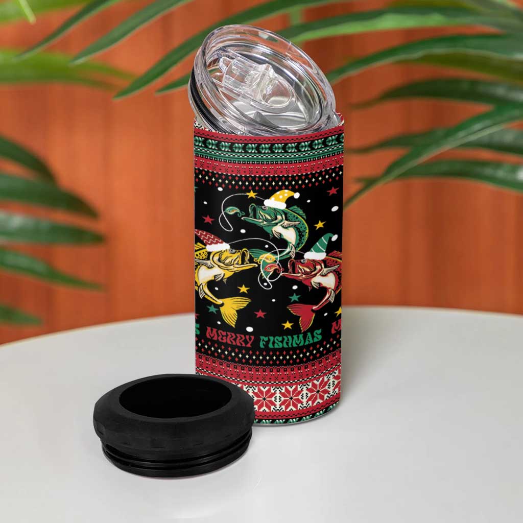 Funny Fishmas Bass 4 in 1 Can Cooler Tumbler Christmas Santa Hat Lights - Wonder Print Shop
