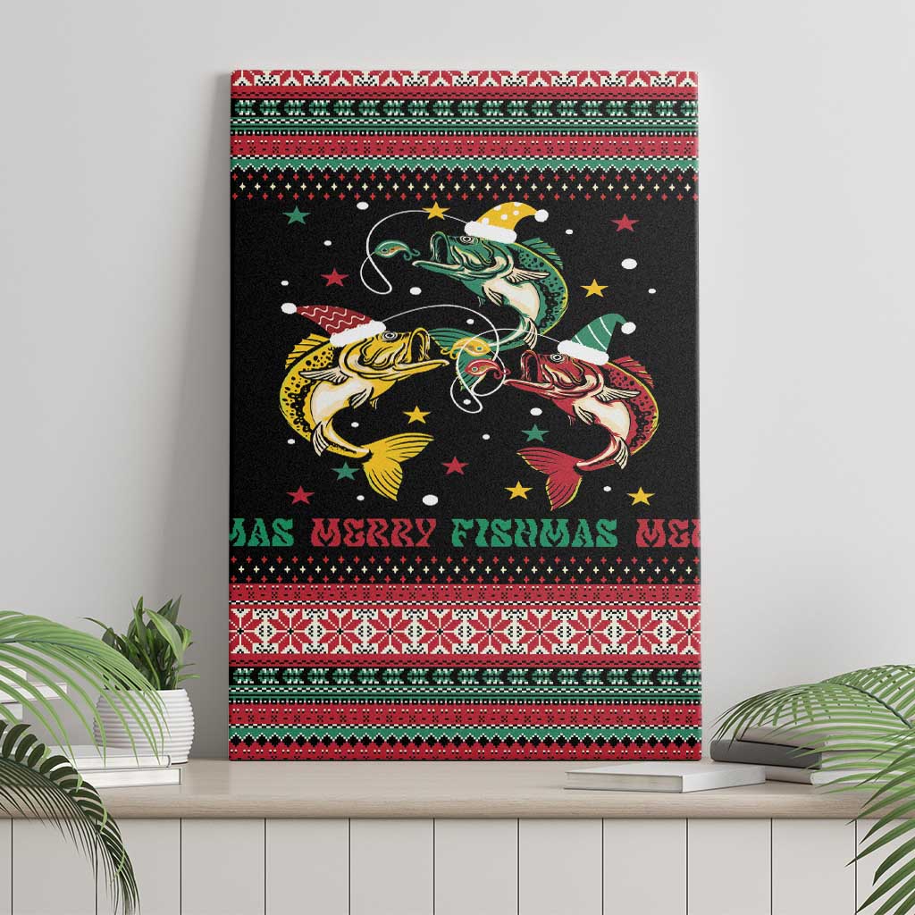 Funny Fishmas Bass Canvas Wall Art Christmas Santa Hat Lights - Wonder Print Shop