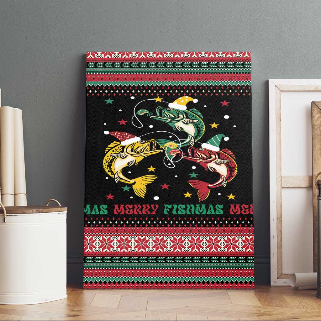 Funny Fishmas Bass Canvas Wall Art Christmas Santa Hat Lights - Wonder Print Shop