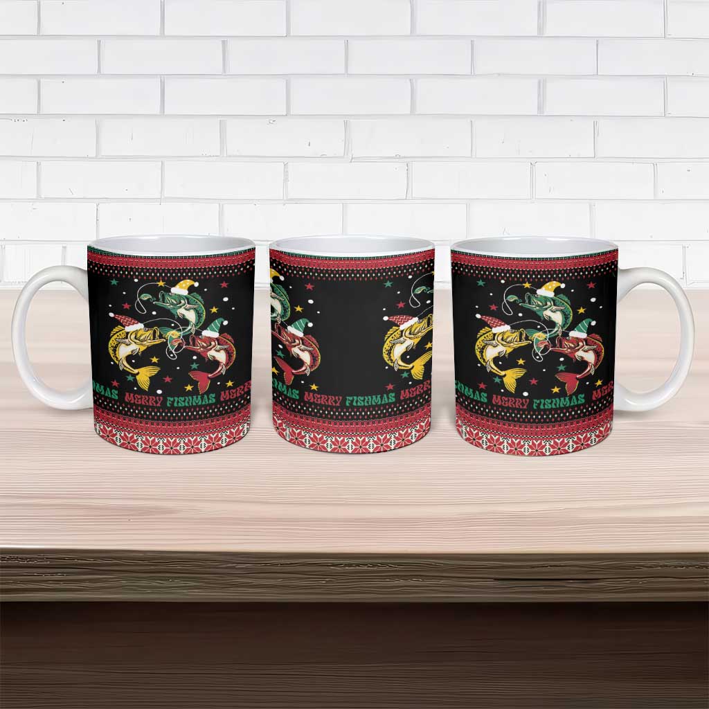Funny Fishmas Bass Ceramic Mug Christmas Santa Hat Lights - Wonder Print Shop