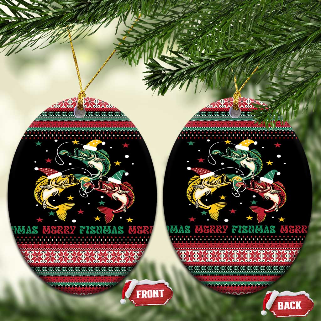 Funny Fishmas Bass Ceramic Ornament Christmas Santa Hat Lights - Wonder Print Shop