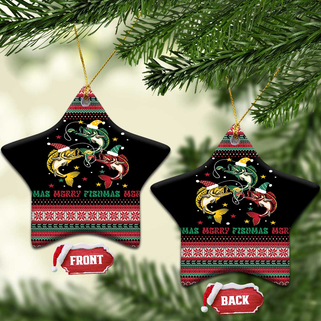 Funny Fishmas Bass Ceramic Ornament Christmas Santa Hat Lights - Wonder Print Shop