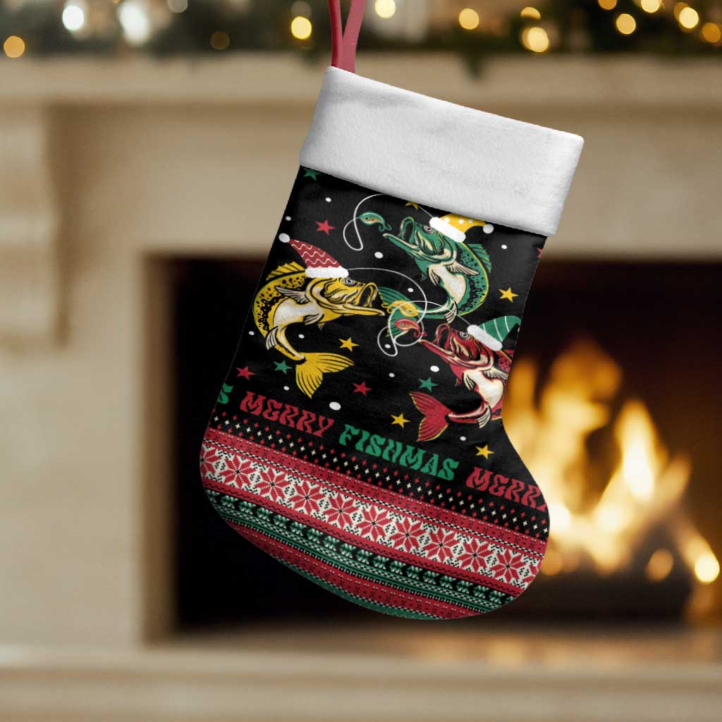 Funny Fishmas Bass Christmas Stocking Christmas Santa Hat Lights - Wonder Print Shop