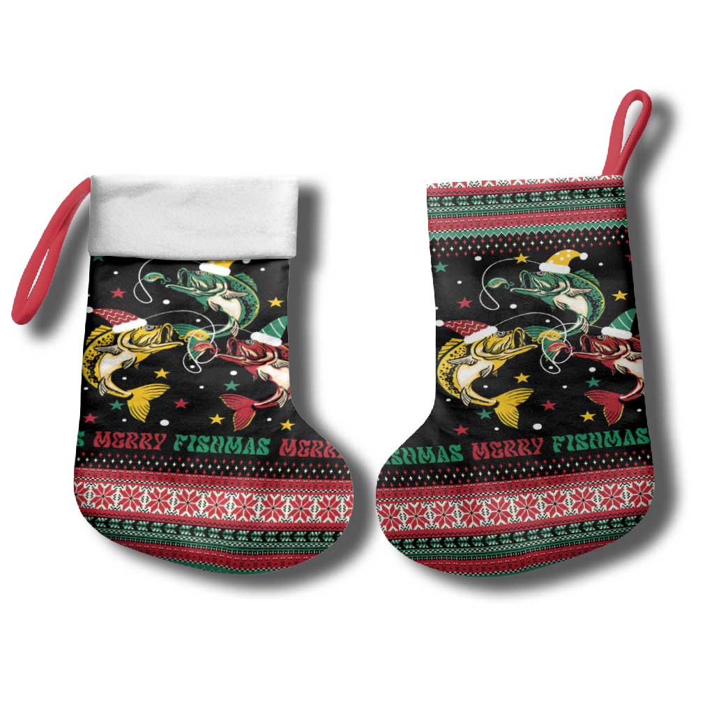 Funny Fishmas Bass Christmas Stocking Christmas Santa Hat Lights - Wonder Print Shop