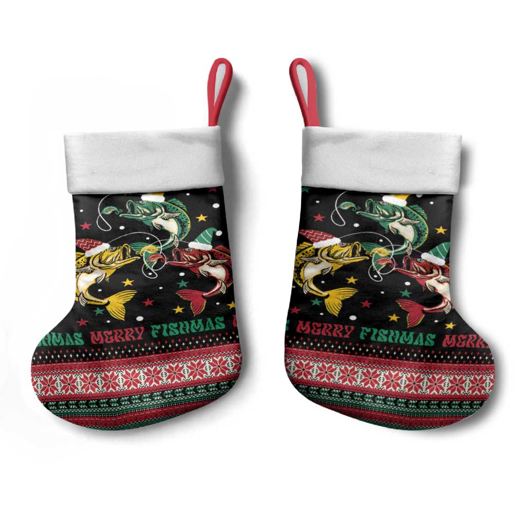 Funny Fishmas Bass Christmas Stocking Christmas Santa Hat Lights - Wonder Print Shop