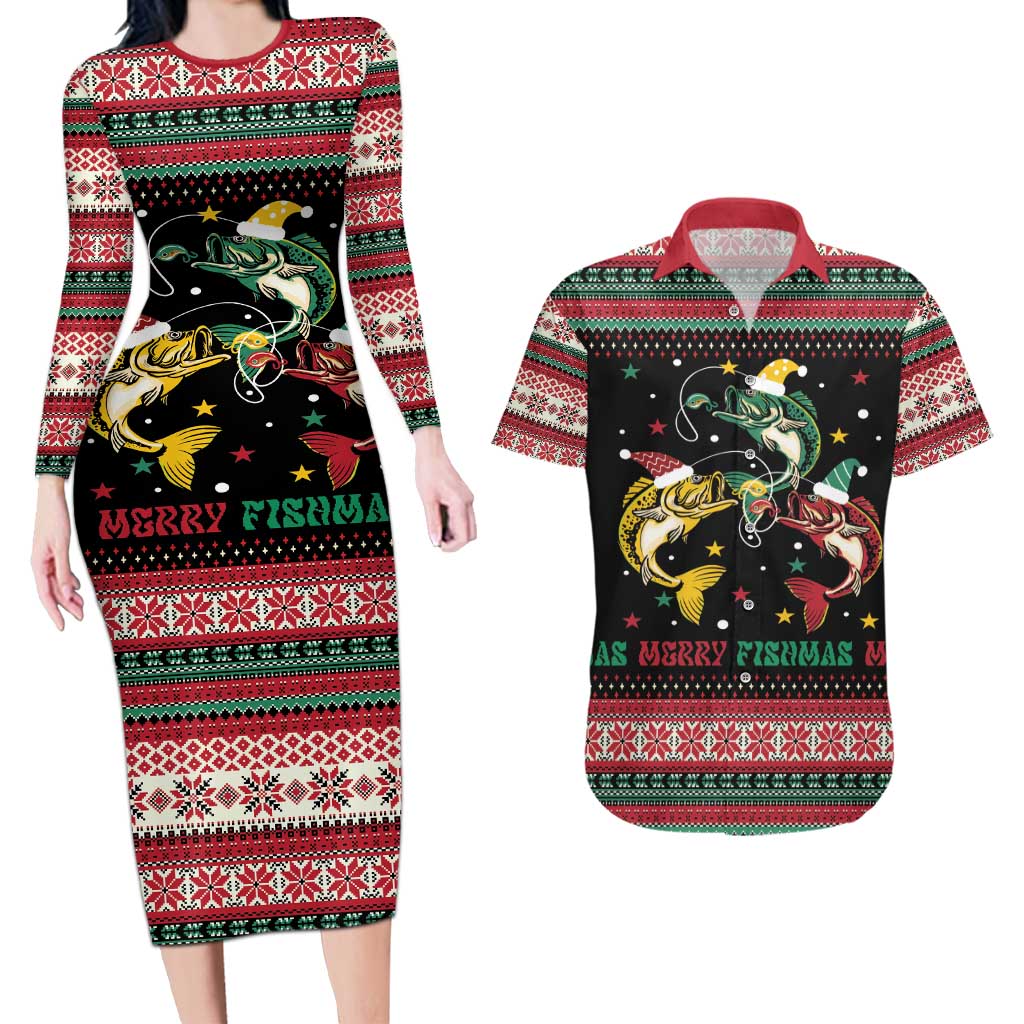 Funny Fishmas Bass Couples Matching Long Sleeve Bodycon Dress and Hawaiian Shirt Christmas Santa Hat Lights - Wonder Print Shop