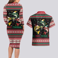 Funny Fishmas Bass Couples Matching Long Sleeve Bodycon Dress and Hawaiian Shirt Christmas Santa Hat Lights - Wonder Print Shop