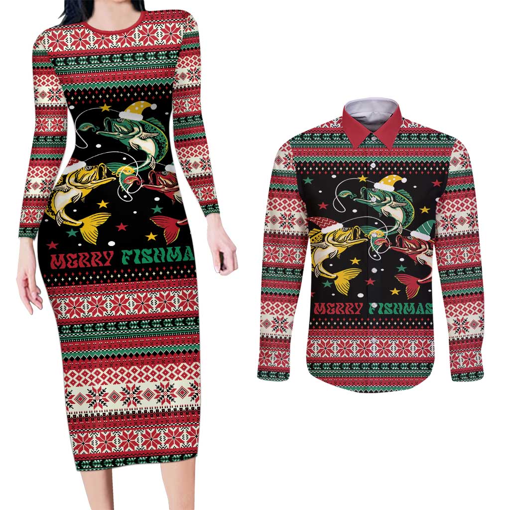 Funny Fishmas Bass Couples Matching Long Sleeve Bodycon Dress and Long Sleeve Button Shirt Christmas Santa Hat Lights - Wonder Print Shop
