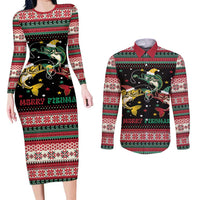 Funny Fishmas Bass Couples Matching Long Sleeve Bodycon Dress and Long Sleeve Button Shirt Christmas Santa Hat Lights - Wonder Print Shop
