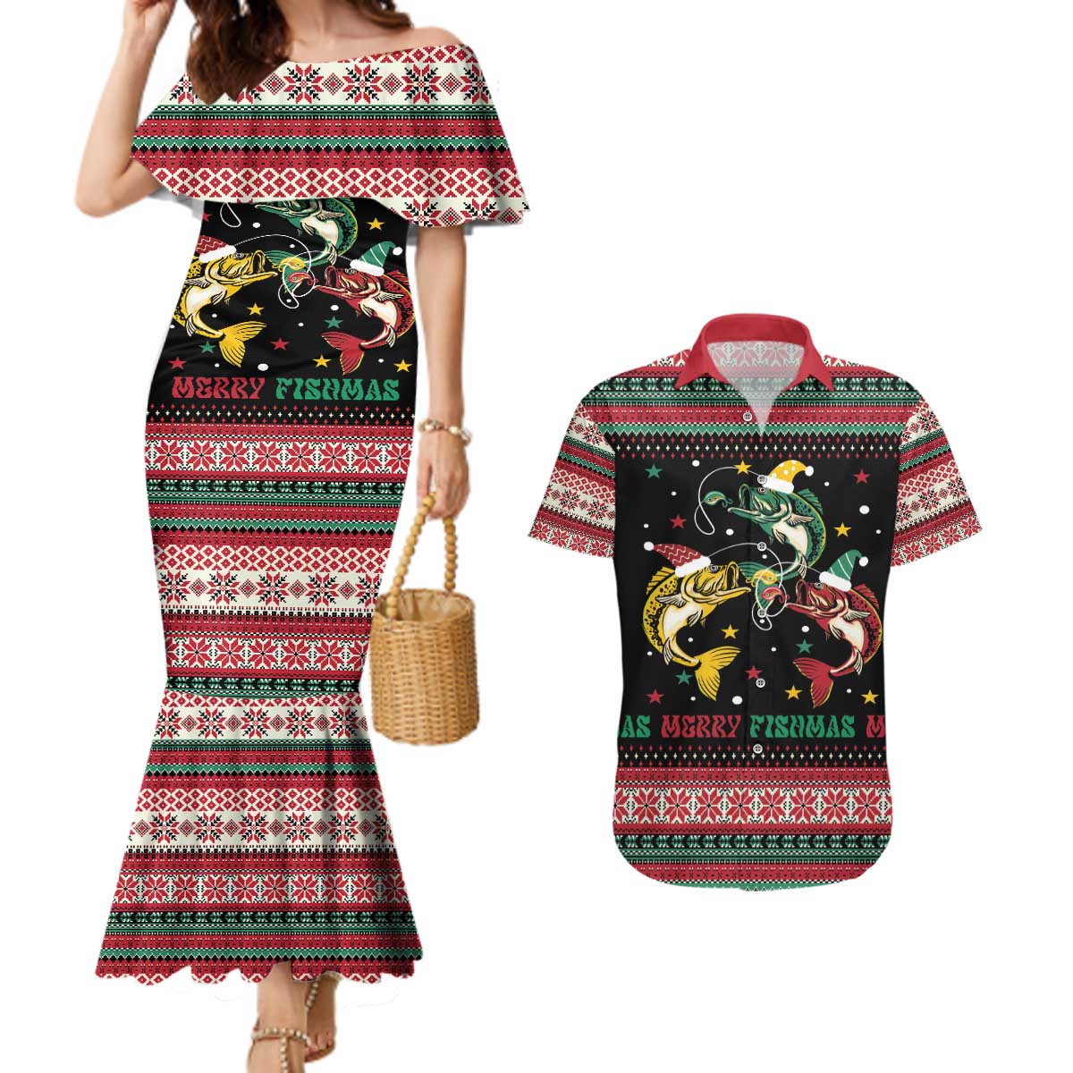 Funny Fishmas Bass Couples Matching Mermaid Dress and Hawaiian Shirt Christmas Santa Hat Lights - Wonder Print Shop