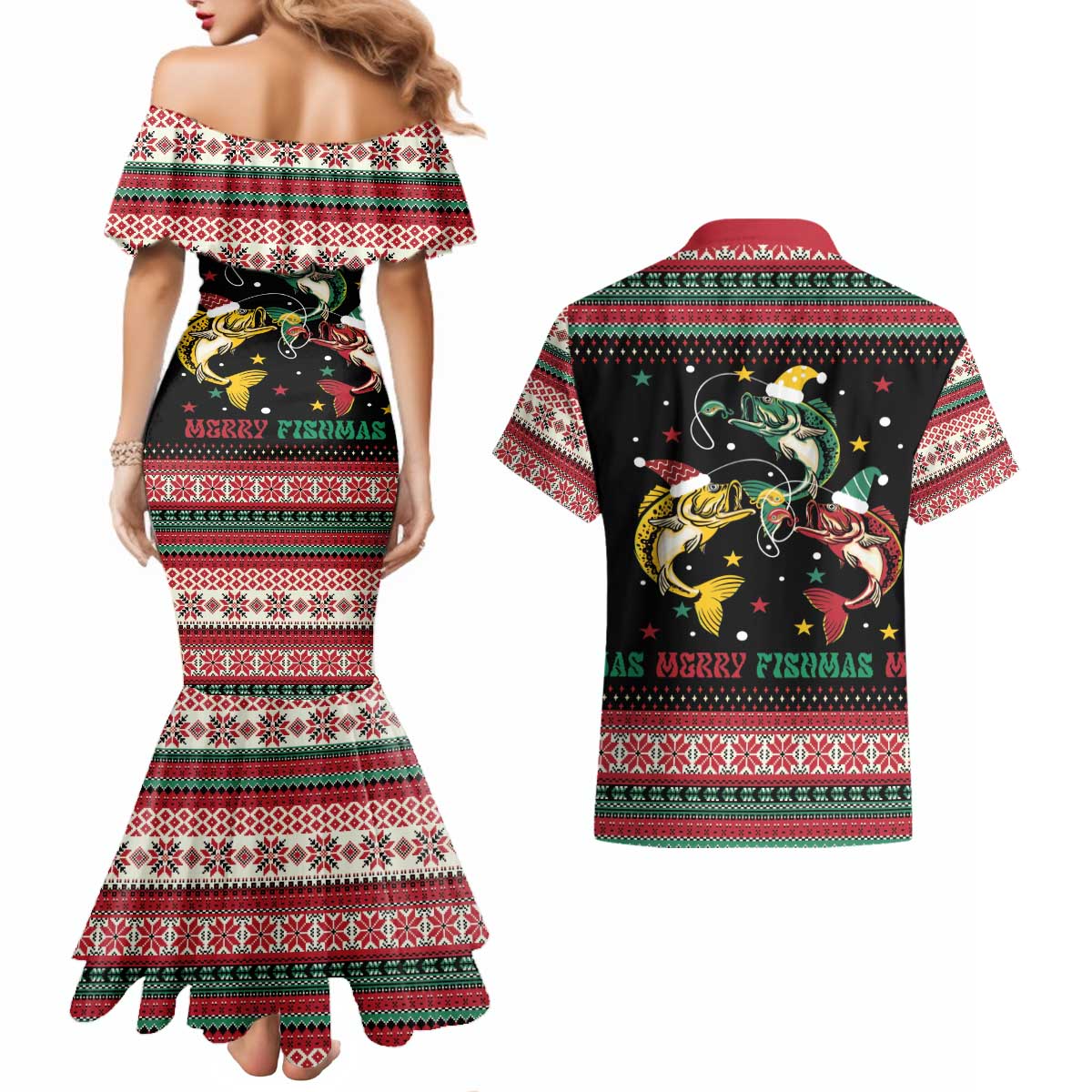 Funny Fishmas Bass Couples Matching Mermaid Dress and Hawaiian Shirt Christmas Santa Hat Lights - Wonder Print Shop