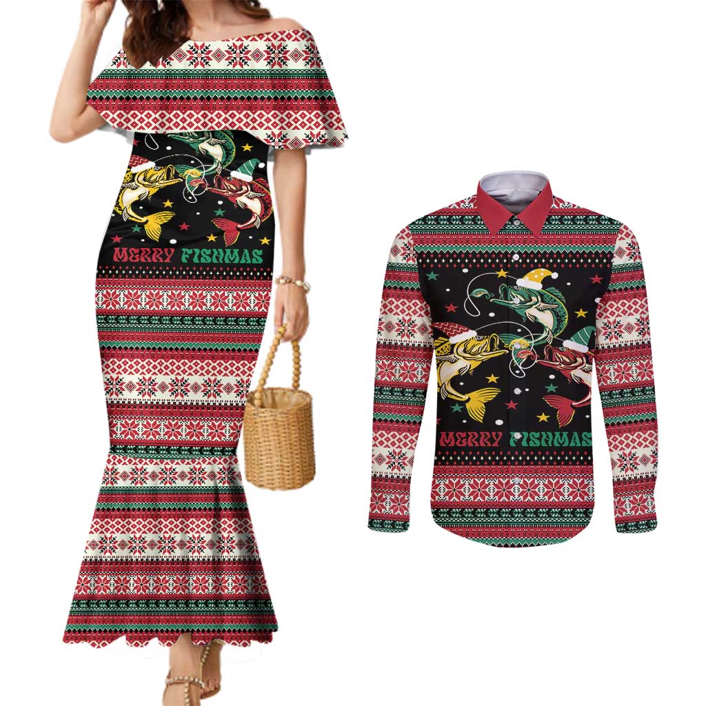 Funny Fishmas Bass Couples Matching Mermaid Dress and Long Sleeve Button Shirt Christmas Santa Hat Lights - Wonder Print Shop