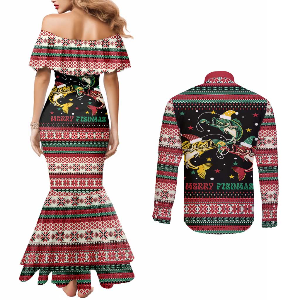 Funny Fishmas Bass Couples Matching Mermaid Dress and Long Sleeve Button Shirt Christmas Santa Hat Lights - Wonder Print Shop
