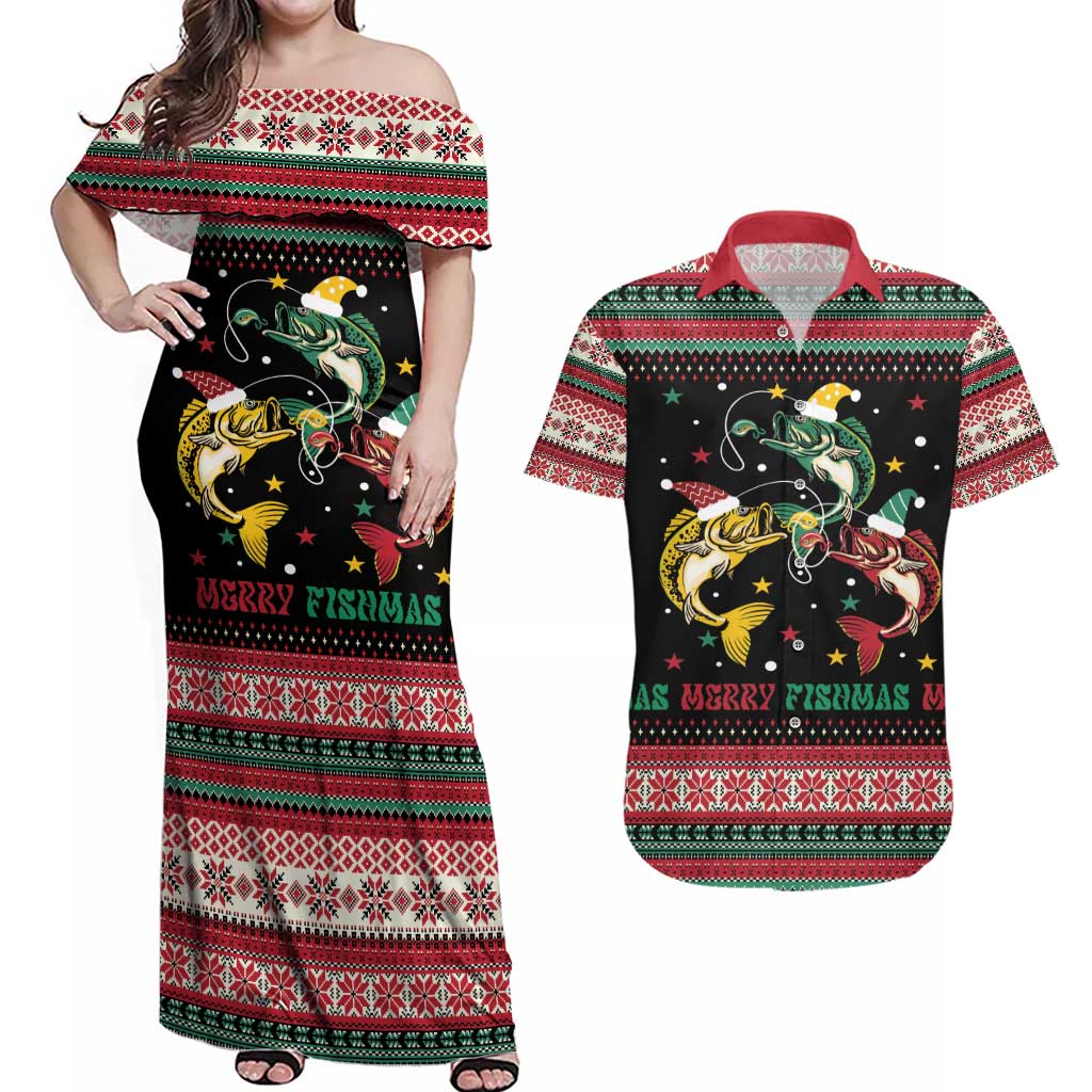 Funny Fishmas Bass Couples Matching Off Shoulder Maxi Dress and Hawaiian Shirt Christmas Santa Hat Lights - Wonder Print Shop
