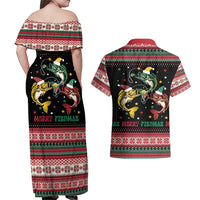 Funny Fishmas Bass Couples Matching Off Shoulder Maxi Dress and Hawaiian Shirt Christmas Santa Hat Lights - Wonder Print Shop