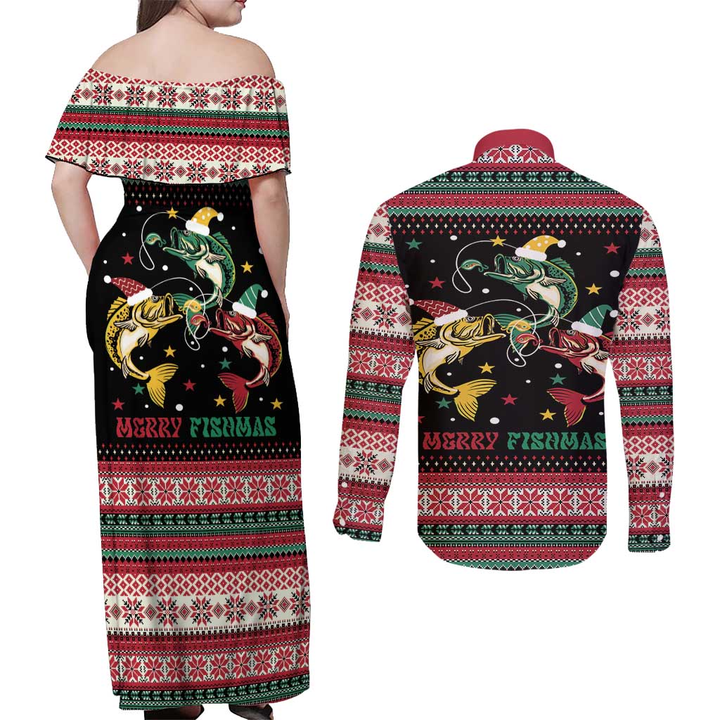 Funny Fishmas Bass Couples Matching Off Shoulder Maxi Dress and Long Sleeve Button Shirt Christmas Santa Hat Lights - Wonder Print Shop