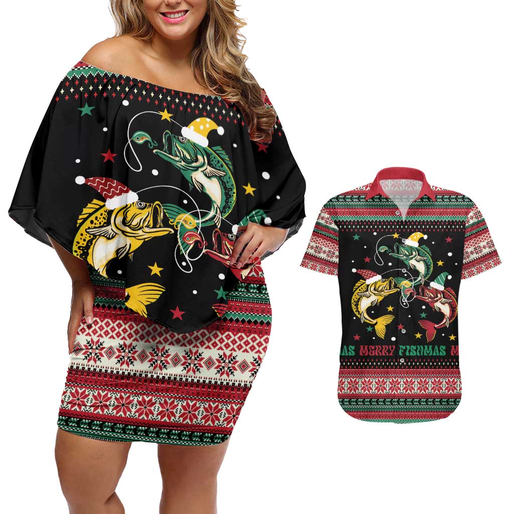 Funny Fishmas Bass Couples Matching Off Shoulder Short Dress and Hawaiian Shirt Christmas Santa Hat Lights - Wonder Print Shop