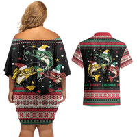 Funny Fishmas Bass Couples Matching Off Shoulder Short Dress and Hawaiian Shirt Christmas Santa Hat Lights - Wonder Print Shop