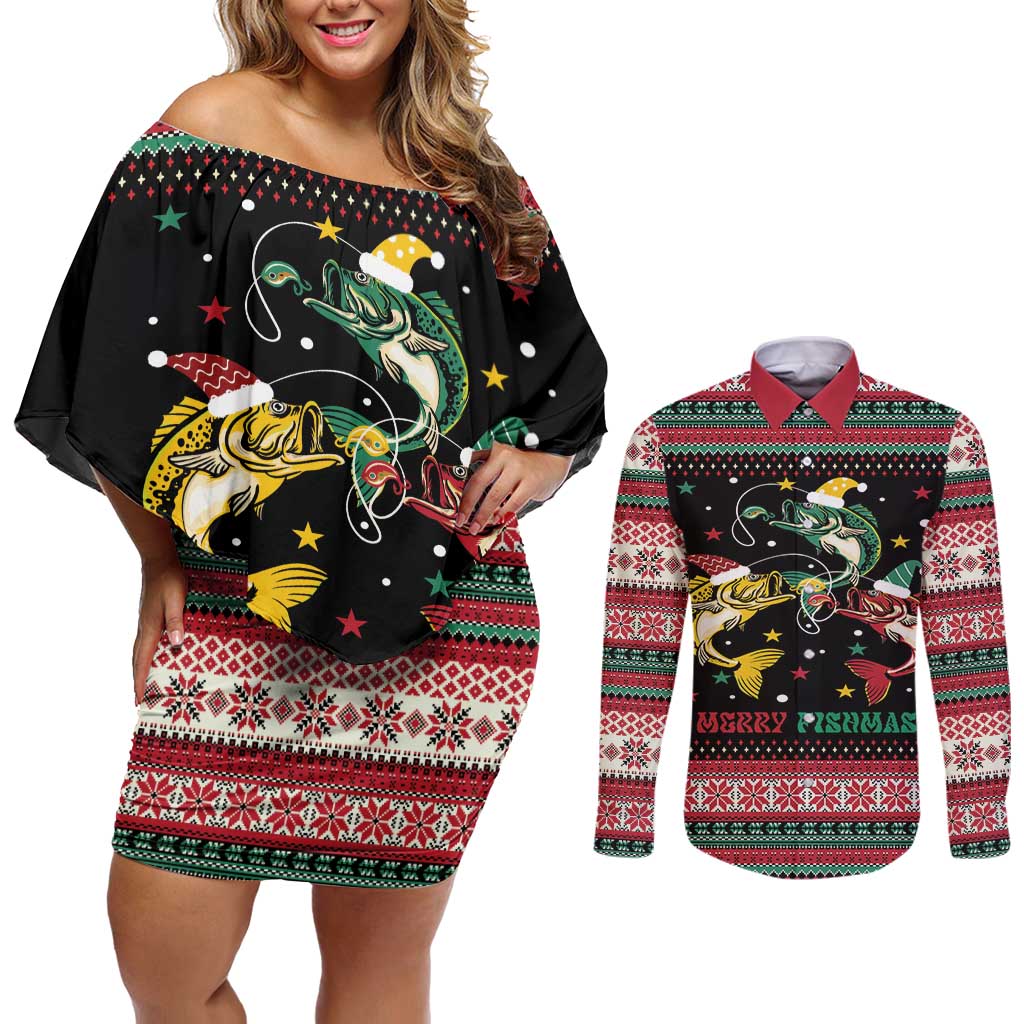 Funny Fishmas Bass Couples Matching Off Shoulder Short Dress and Long Sleeve Button Shirt Christmas Santa Hat Lights - Wonder Print Shop