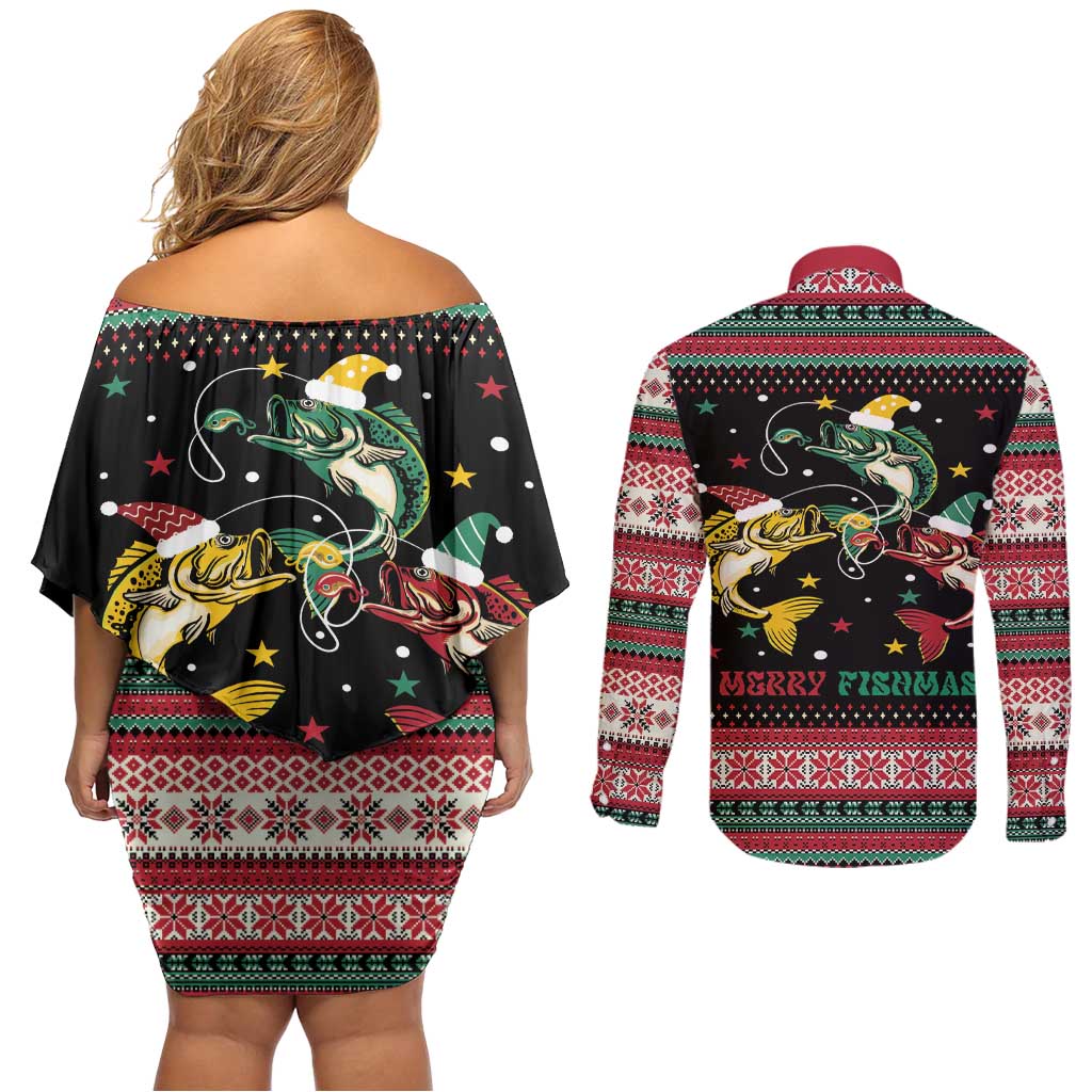 Funny Fishmas Bass Couples Matching Off Shoulder Short Dress and Long Sleeve Button Shirt Christmas Santa Hat Lights - Wonder Print Shop