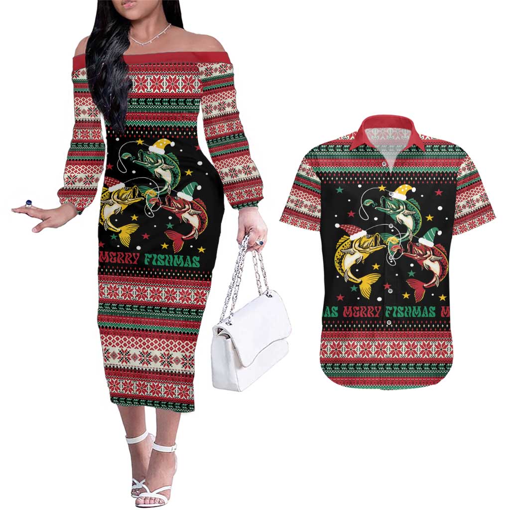 Funny Fishmas Bass Couples Matching Off The Shoulder Long Sleeve Dress and Hawaiian Shirt Christmas Santa Hat Lights - Wonder Print Shop