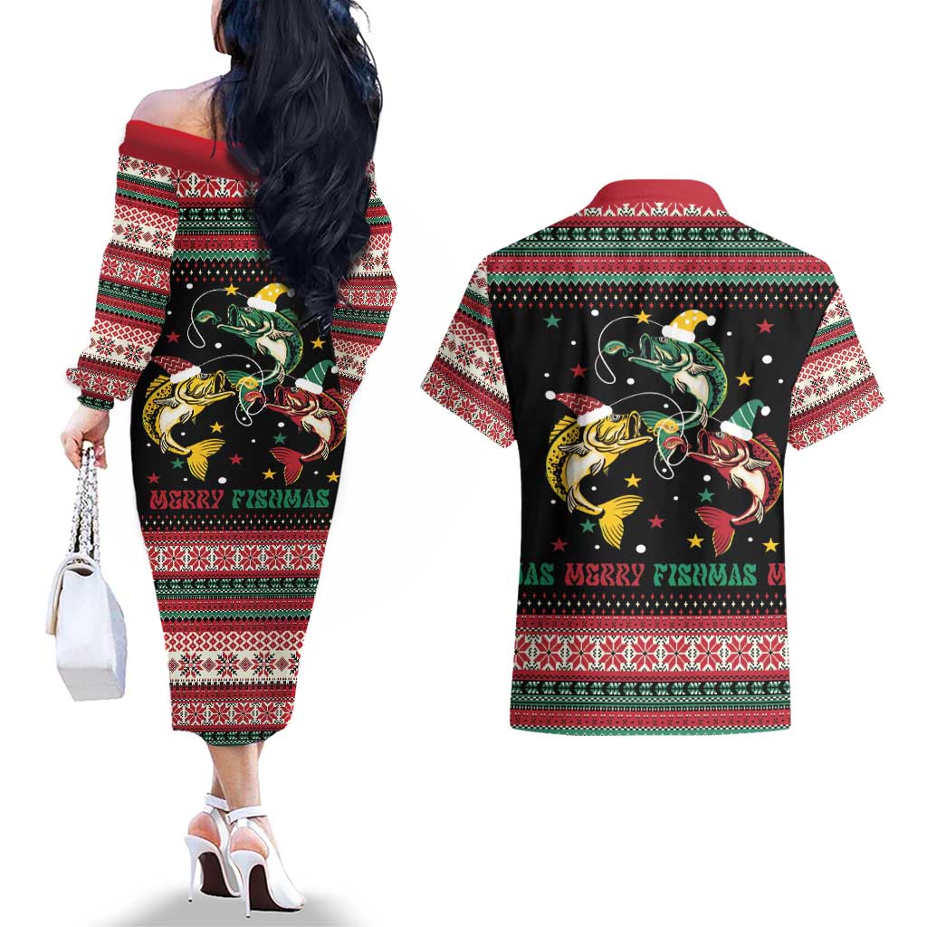 Funny Fishmas Bass Couples Matching Off The Shoulder Long Sleeve Dress and Hawaiian Shirt Christmas Santa Hat Lights - Wonder Print Shop
