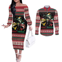 Funny Fishmas Bass Couples Matching Off The Shoulder Long Sleeve Dress and Long Sleeve Button Shirt Christmas Santa Hat Lights - Wonder Print Shop
