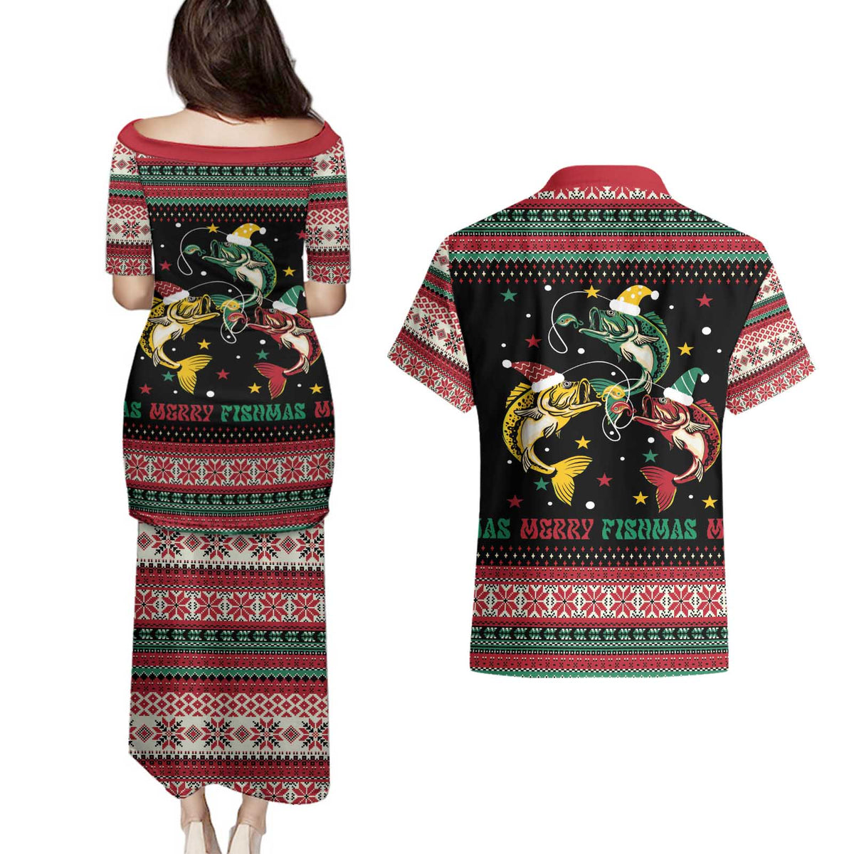 Funny Fishmas Bass Couples Matching Puletasi and Hawaiian Shirt Christmas Santa Hat Lights - Wonder Print Shop