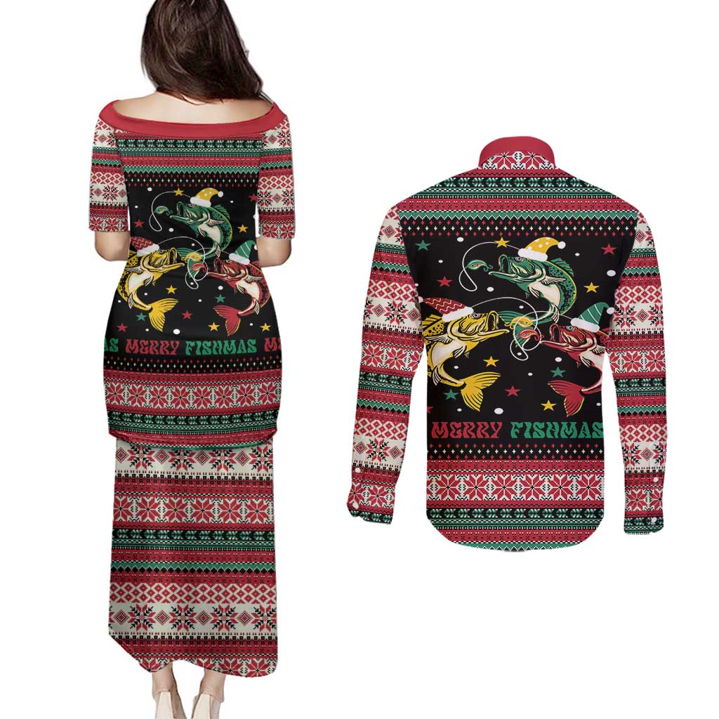 Funny Fishmas Bass Couples Matching Puletasi and Long Sleeve Button Shirt Christmas Santa Hat Lights - Wonder Print Shop