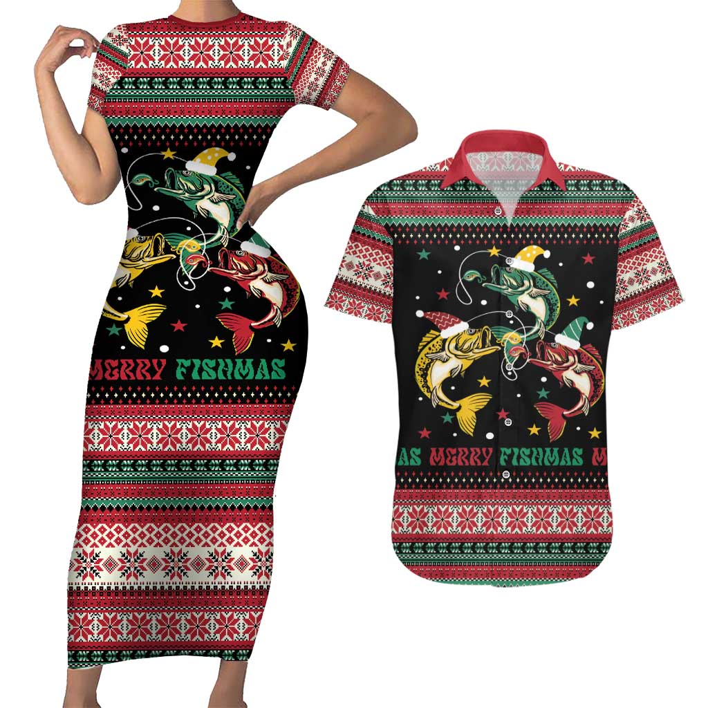 Funny Fishmas Bass Couples Matching Short Sleeve Bodycon Dress and Hawaiian Shirt Christmas Santa Hat Lights - Wonder Print Shop