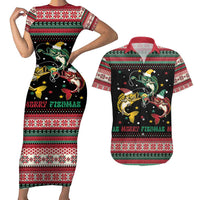 Funny Fishmas Bass Couples Matching Short Sleeve Bodycon Dress and Hawaiian Shirt Christmas Santa Hat Lights - Wonder Print Shop