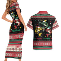 Funny Fishmas Bass Couples Matching Short Sleeve Bodycon Dress and Hawaiian Shirt Christmas Santa Hat Lights - Wonder Print Shop