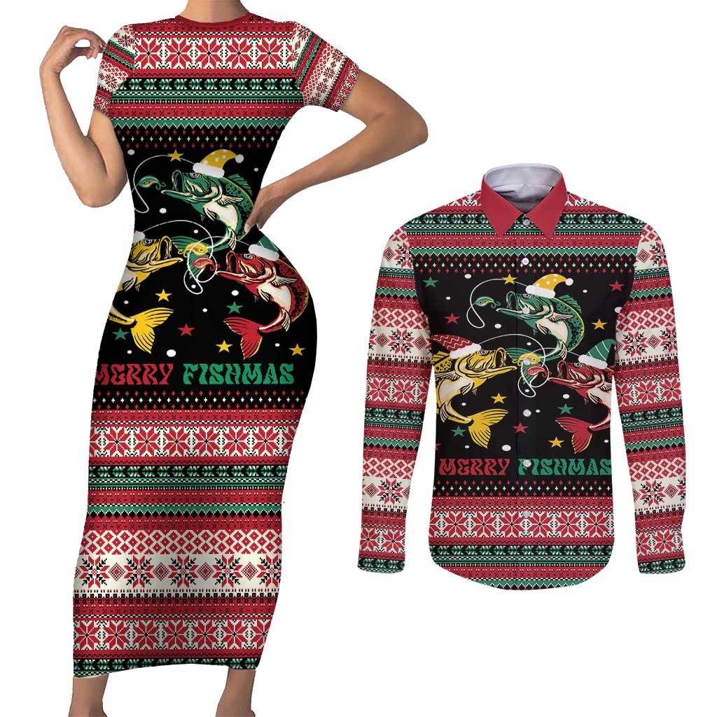 Funny Fishmas Bass Couples Matching Short Sleeve Bodycon Dress and Long Sleeve Button Shirt Christmas Santa Hat Lights - Wonder Print Shop