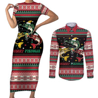 Funny Fishmas Bass Couples Matching Short Sleeve Bodycon Dress and Long Sleeve Button Shirt Christmas Santa Hat Lights - Wonder Print Shop