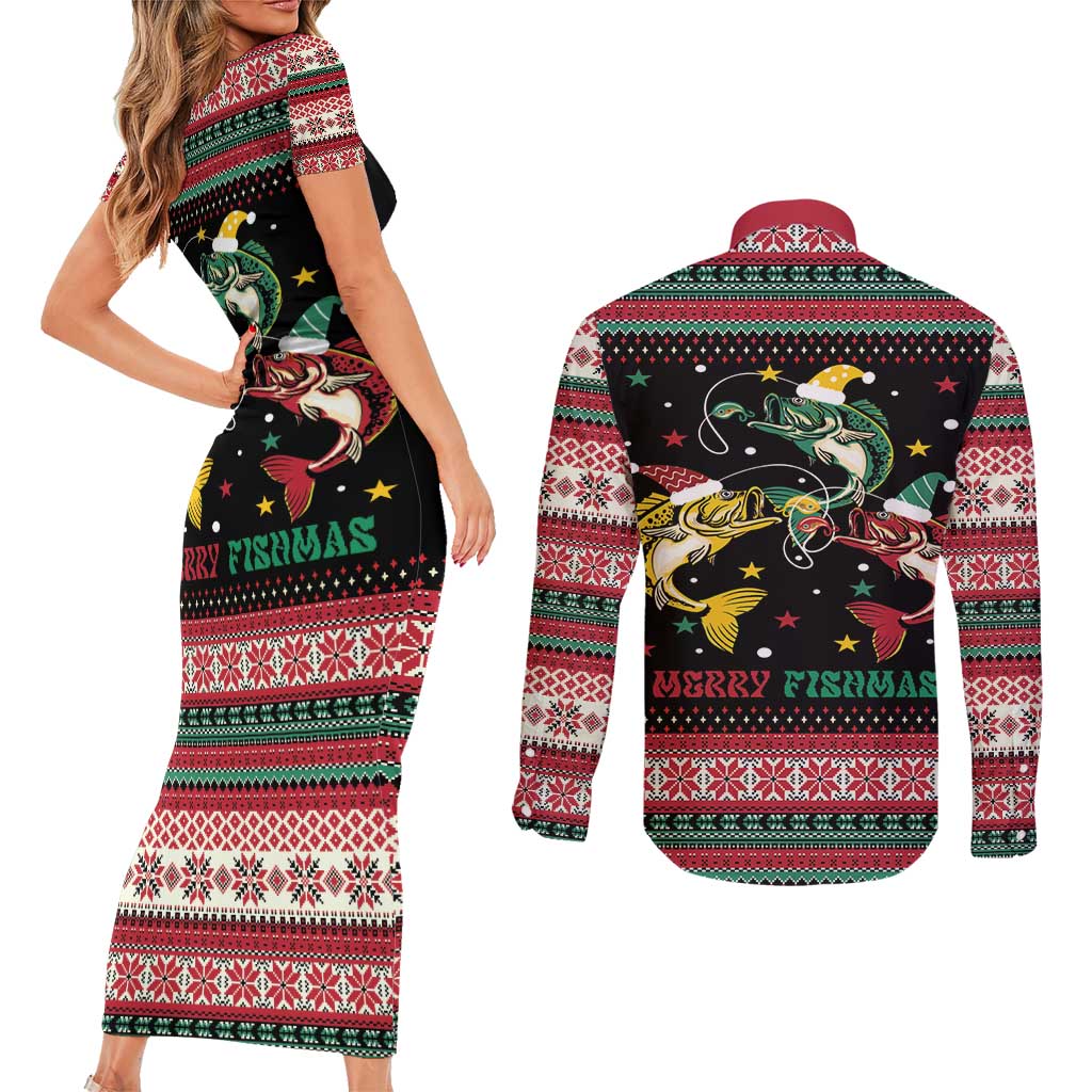 Funny Fishmas Bass Couples Matching Short Sleeve Bodycon Dress and Long Sleeve Button Shirt Christmas Santa Hat Lights - Wonder Print Shop