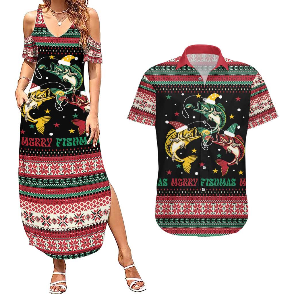 Funny Fishmas Bass Couples Matching Summer Maxi Dress and Hawaiian Shirt Christmas Santa Hat Lights - Wonder Print Shop