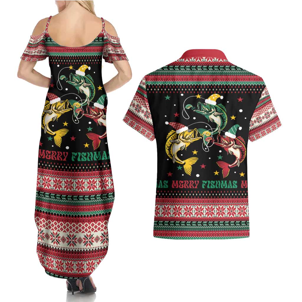 Funny Fishmas Bass Couples Matching Summer Maxi Dress and Hawaiian Shirt Christmas Santa Hat Lights - Wonder Print Shop