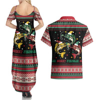 Funny Fishmas Bass Couples Matching Summer Maxi Dress and Hawaiian Shirt Christmas Santa Hat Lights - Wonder Print Shop