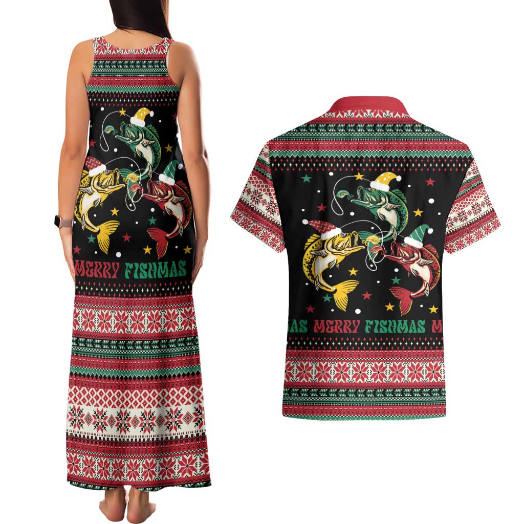 Funny Fishmas Bass Couples Matching Tank Maxi Dress and Hawaiian Shirt Christmas Santa Hat Lights - Wonder Print Shop